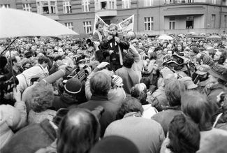 Václav Havel at the first permitted demonstration by the Czechoslovak opposition, December 10, 1988