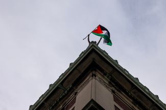 Протестующий с флагом Палестины на крыше Гамильтон-холла