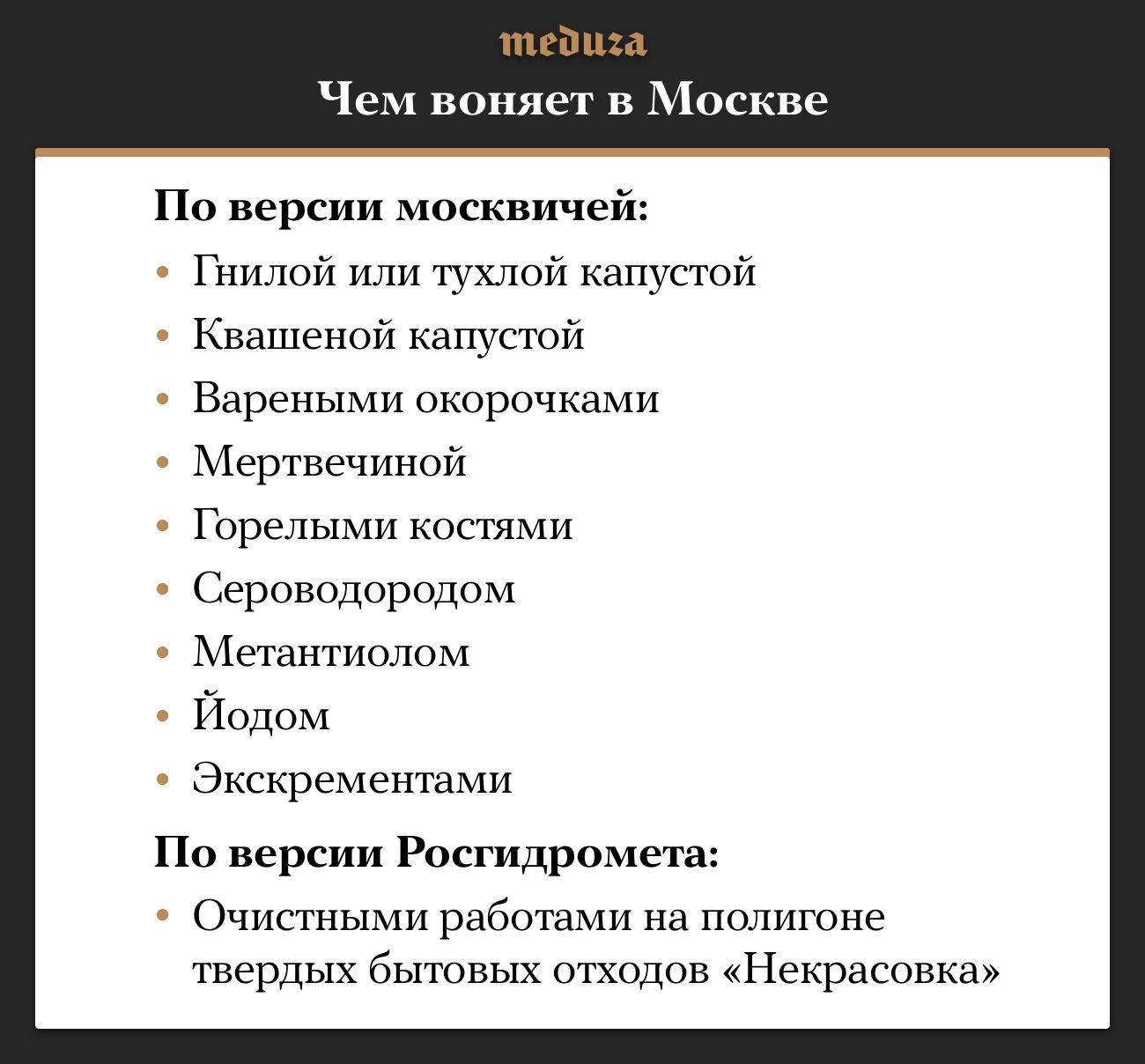 Чем пахло в Москве по версии москвичей и Росгидромета? В одной картинке —  Meduza