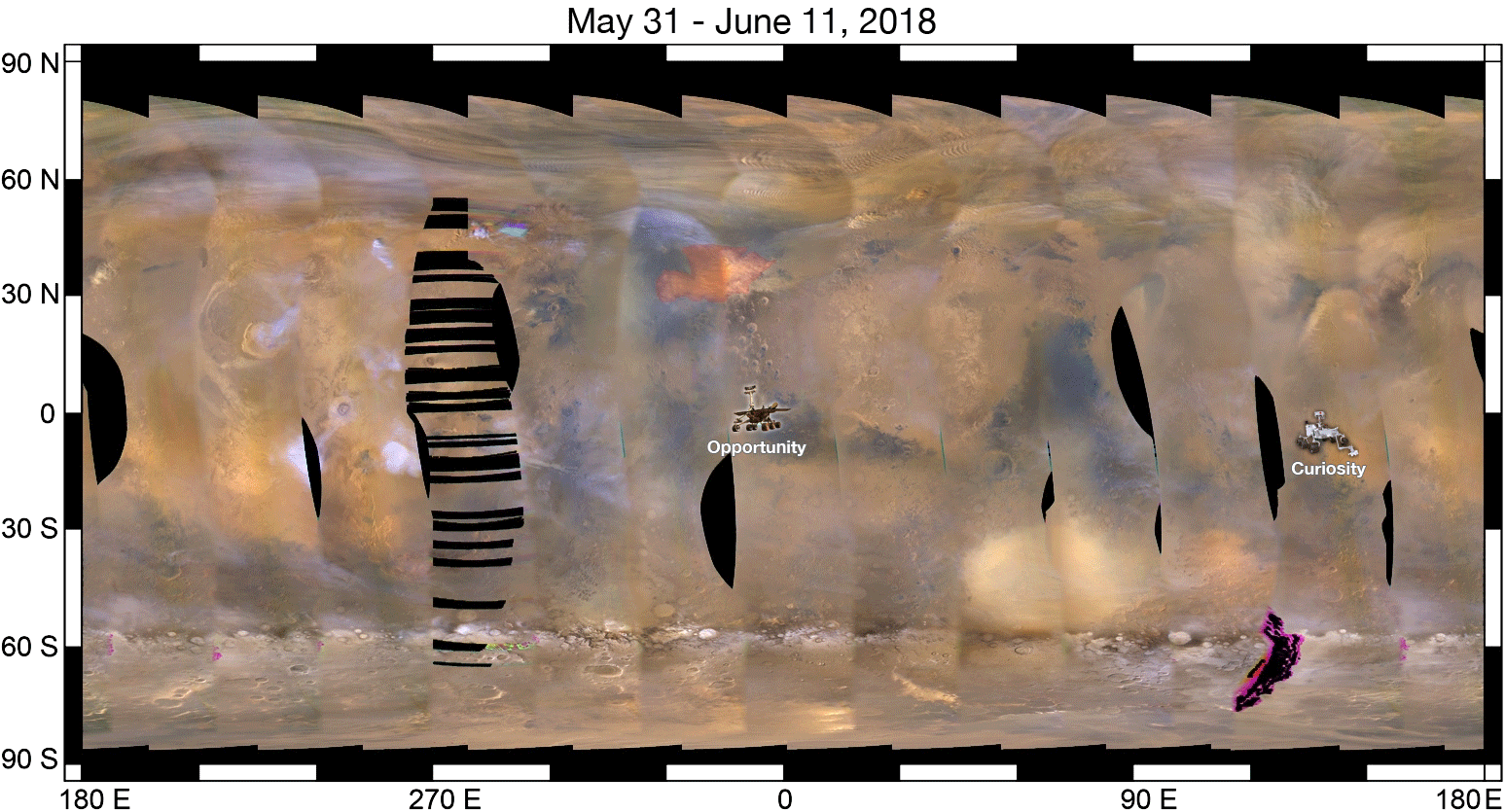Распространение песчаной бури по поверхности Марса. Пиктограммами изображены два марсохода — «Кьюриосити» и «Оппортьюнити»
