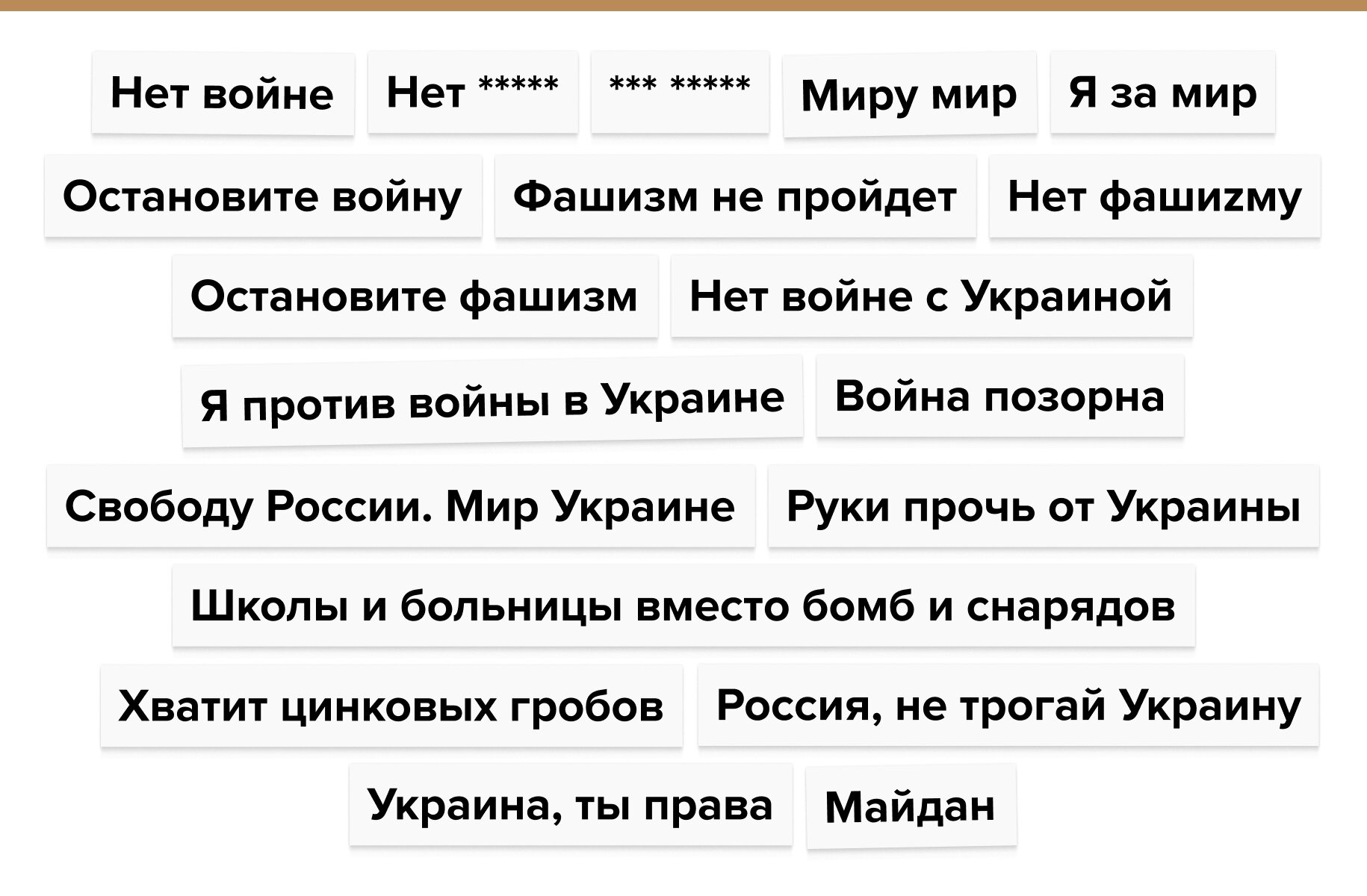 Остановите фашизм» — теперь запрещенный лозунг в России. Как и многие  другие. Вот их неполный список — Meduza