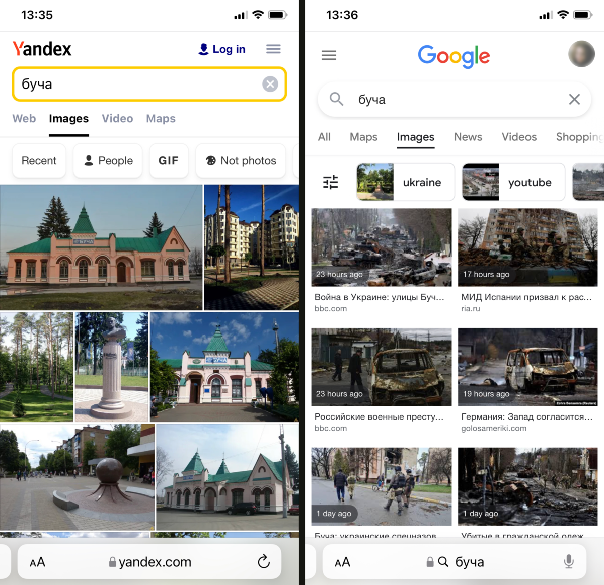 Что выдают «Яндекс» и Google по запросу «Буча»? В одной картинке — Meduza