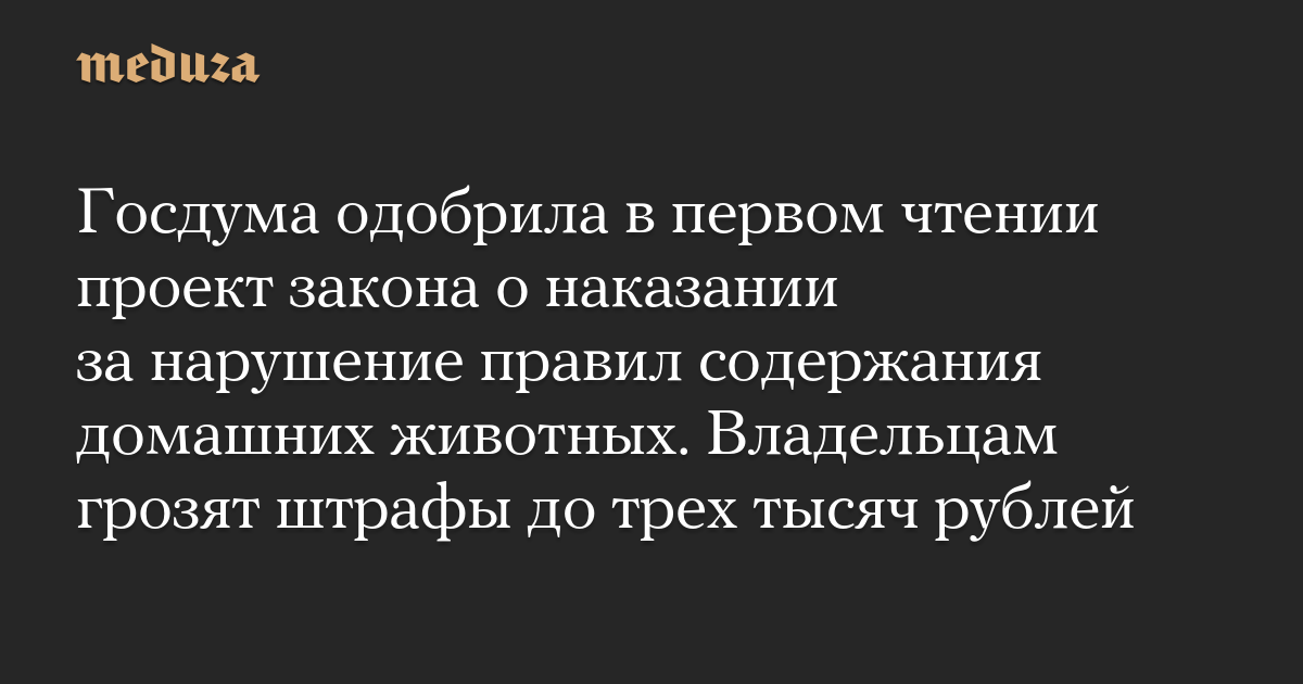 The State Duma approved on first reading a draft law on penalties for violations of the regulations on keeping pets. Owners face fines of up to three thousand rubles