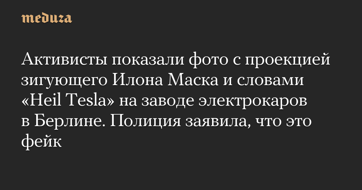 Активисты показали фото с проекцией зигующего Илона Маска и словами «Heil Tesla» на заводе электрокаров в Берлине. Полиция заявила, что это фейк