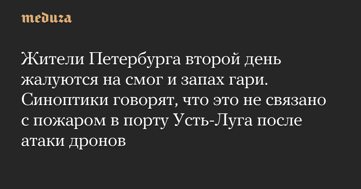 Жители Петербурга второй день жалуются на смог и запах гари. Синоптики говорят, что это не связано с пожаром в порту Усть-Луга после атаки дронов