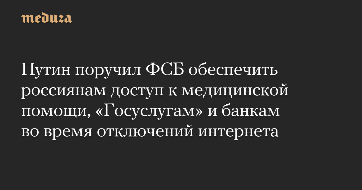 Путин поручил ФСБ обеспечить россиянам доступ к медицинской помощи, «Госуслугам» и банкам во время отключений интернета