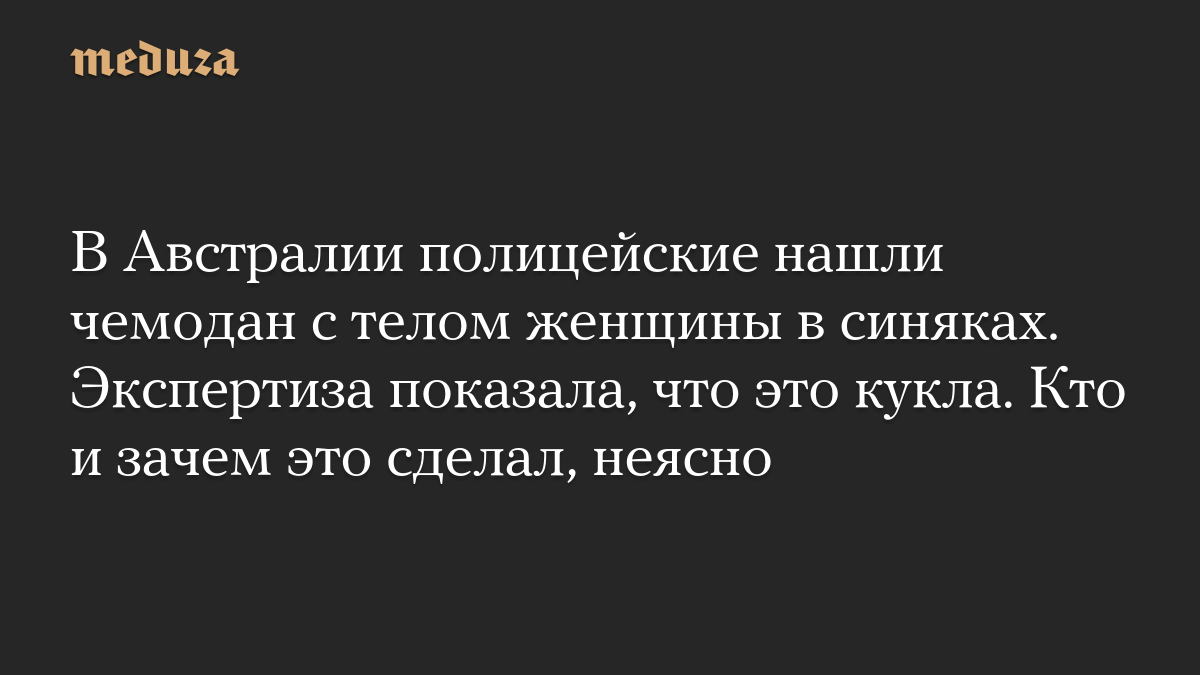 В Австралии полицейские нашли чемодан с телом женщины в синяках. Экспертиза показала, что это кукла. Кто и зачем это сделал, неясно
