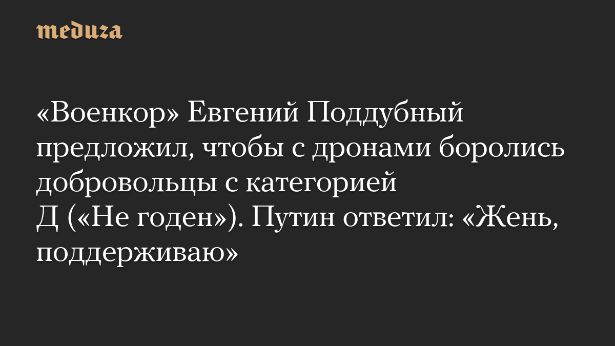 «Военкор» Евгений Поддубный предложил, чтобы с дронами боролись добровольцы с категорией Д («Не годен»). Путин ответил: «Жень, поддерживаю»