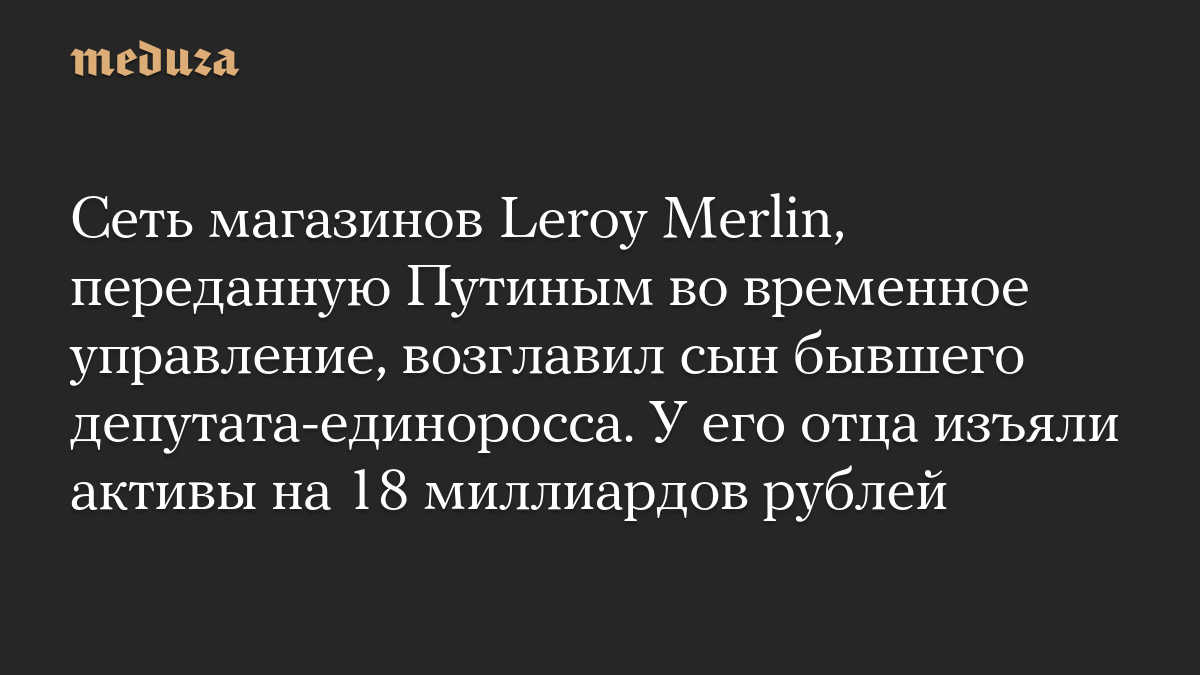 Сеть магазинов Leroy Merlin, переданную Путиным во временное управление, возглавил сын бывшего депутата-единоросса. У его отца изъяли активы на 18 миллиардов рублей