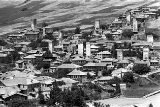 The mountain village of Ushguli in the Svaneti region. Georgia, 1950s.