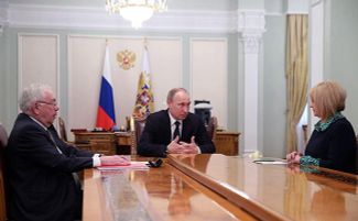 Vladimir Putin nominates Ella Pamfilova (right) to replace Vladimir Lukin as Russia's commissioner for human rights. February 13, 2014.