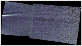 На этом снимке прибор WISPR аппарата «Паркер» увидел солнечный ветер — потоки частиц, проносящихся мимо во время первой встречи космического аппарата с Солнцем в ноябре 2018 года. «Паркер» несет четыре набора научных инструментов для сбора данных о частицах, плазме солнечного ветра, электрических и магнитных полях, солнечном радиоизлучении и структурах в короне Солнца. 