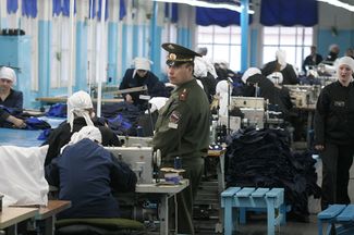 Inmates working in a prison sewing factory. Mordovia, Russia, March 20, 2007.