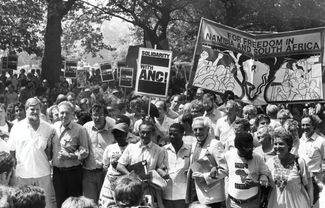 Anti-Apartheid demonstration calling for freedom for the people of South Africa and Namibia from the oppressive sectarian policy. April 18, 1987.