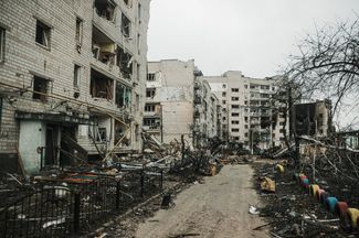 A residential buildings torn up by bullets and shrapnel. Borodyanka, April 5, 2022.