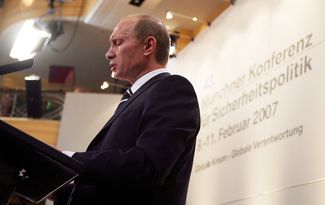 Vladimir Putin gives his “Munich speech” at a security policy conference in Germany on February 10, 2007