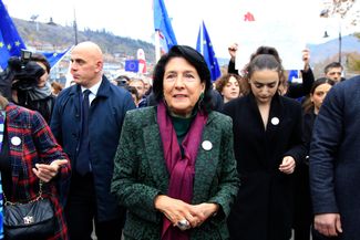 President Salome Zourabichvili attends a march in support of Georgia’s E.U. candidacy in Tbilisi. December 9, 2023.