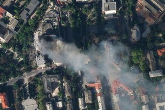 Satellite images show the burning building of the Black Sea Fleet headquarters in Sevastopol. September 22, 2023.