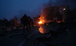Paramedics at the scene of shelling in Borodyanka