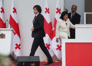 Georgian President Salome Zourabichvili (center) and Prime Minister Irakli Kobakhidze (left) attend Georgia’s Independence Day celebrations in Tbilisi. May 26, 2024.