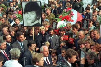 Mikhail Gorbachev at a rally in memory of those who died during the August 1991 coup attempt.