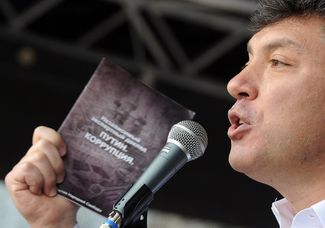 Boris Nemtsov as co-chairman of the Solidarnost (Solidarity) movement at an opposition rally in Bolotnaya Square in Moscow, April 16, 2011.