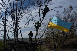 Мальчики играют на дереве, на котором закреплен флаг Украины, в селе Дубовое Харьковской области