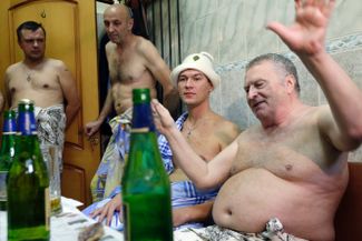 From right to left: LDPR leader Vladimir Zhirinovsky and then-candidate for Moscow mayor, Mikhail Degtyarev visiting the Usachevskiye baths. Moscow, August 15, 2013.