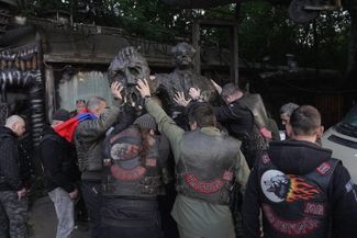 Night Wolves bikers welcome a monument to Slobodan Milosevic in Moscow on July 11, 2023