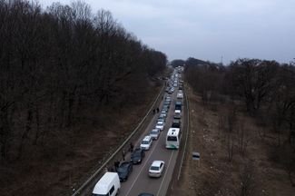 A line of cars waiting to cross the Polish border. March 4, 2022