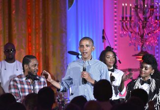 Кендрик Ламар, президент США Барак Обама и певица Жанель Моне на праздновании Дня независимости в Белом доме, Вашингтон, США, 4 июля 2016 года