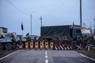 Russian peacekeepers man a roadblock near Stepanakert. December 24, 2022.