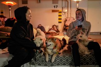 Пара и их собаки сидят на подземной парковке отеля в Киеве, которую используют как бомбоубежище. 27 февраля 2022 года