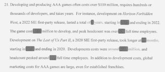 Фрагмент судебного документа, из которого стало известно, как много Sony тратит на производство своих крупнейших игр