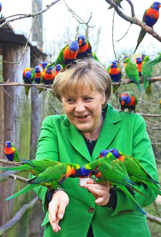 За несколько лет Меркель превратилась в безоговорочно самого любимого политика Германии. У нее нет собственных детей, но в немецких таблоидах ее часто называют именно «мамочкой» (Mutti). На этой фотографии она кормит попугаев в парке Марлоу в своем избирательном округе на севере Германии. 17 апреля 2012 года