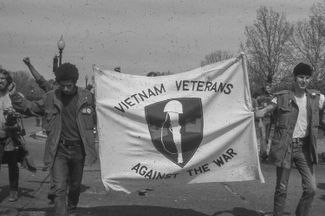 Banner reading “Vietnam Veterans Against War” at an anti-war demonstration in May 1971.