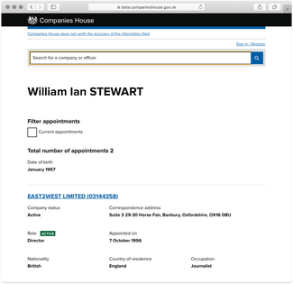 Запись о регистрации компании East2West Limited в британском реестре юридических лиц