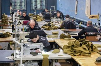Prisoners sew World War II-style soldiers’ caps for Russian Victory Day celebrations. February 2019