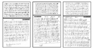 Три части криптограммы «Шифр 408», отправленные убийцей в местные газеты в июле 1969-го. Внизу — расшифровки, сделанные супругами Дональдом и Бетти Гарден
