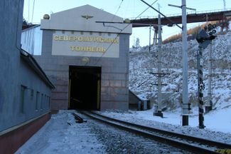 The bridge on the Baikal–Amur Mainline railroad’s detour route around the Severomuysky Tunnel is raised 35 meters (115 feet) from the ground