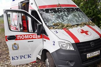 An ambulance damaged by a drone attack on the Kursk–Sudzha highway. August 8, 2024.