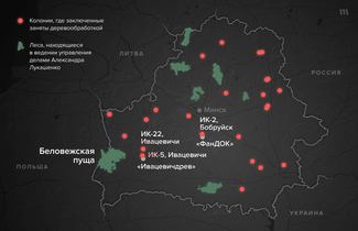 Карта лесов, находящихся в ведении Управления делами Александра Лукашенко, и колоний, где заключенные заняты деревообработкой