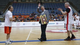 Deputy Prime Minister Arkady Dvorkovich, Head of the Presidential Administration Sergei Ivanov and Russian Deputy Prime Minister Dmitry Rogozin before a charity basketball match in Luzhniki. This match was held as part of a campaign 