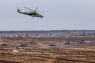 A Mi-24 helicopter performs drills at a training ground in Belarus’s Brest region as part of Allied Resolve 2022, a joint military exercise Russia and Belarus held just before the full-scale invasion of Ukraine.