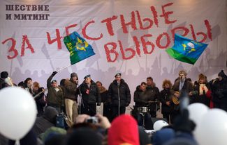 A group of Airborne Forces veterans performing at a protest on February 4. Their anti-Putin protest song became an instant hit. 