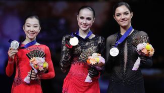 Elizabet Tursynbayeva (silver), Alina Zagitova (gold), and Evgenia Medvedeva (bronze) at the 2019 World Figure Skating Championships in Japan. March 22, 2019