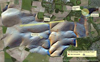 Карта Стоунхенджа и его окрестностей, которые исследовали ученые из The Stonehenge Hidden Landscapes