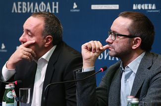 Александр Роднянский и Андрей Звягинцев во время пресс-конференции, посвященной закрытой премьере фильма «Левиафан», 28 января 2015 года