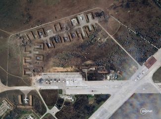 A satellite image of the Saki airfield taken on August 10, 2022, which shows the damage from the explosions the day before.