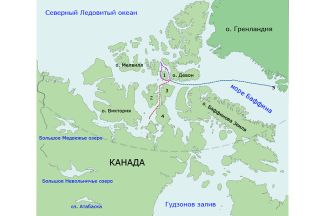 Предполагаемый маршрут кораблей «Эребус» и «Террор» в ходе арктической экспедиции Джона Франклина. Пунктирная линия обрывается возле острова Кинг-Уильям.